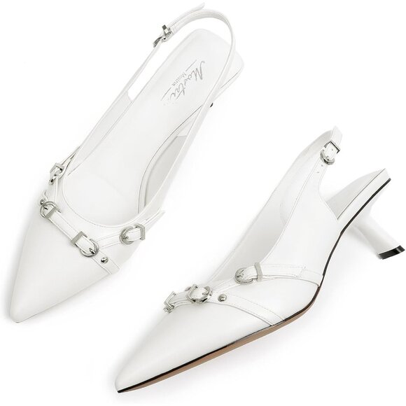 Mostrin Kitten Heel  White Pu(03) Faux Leather Low Slingback Heels with Buckle - Picture 3 of 9